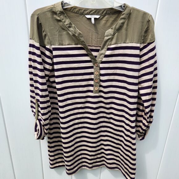 BKE Striped Henley Top Sz Sm V Neck Green Blue Cream Split Neck Tunic Roll Tab - Picture 8 of 9